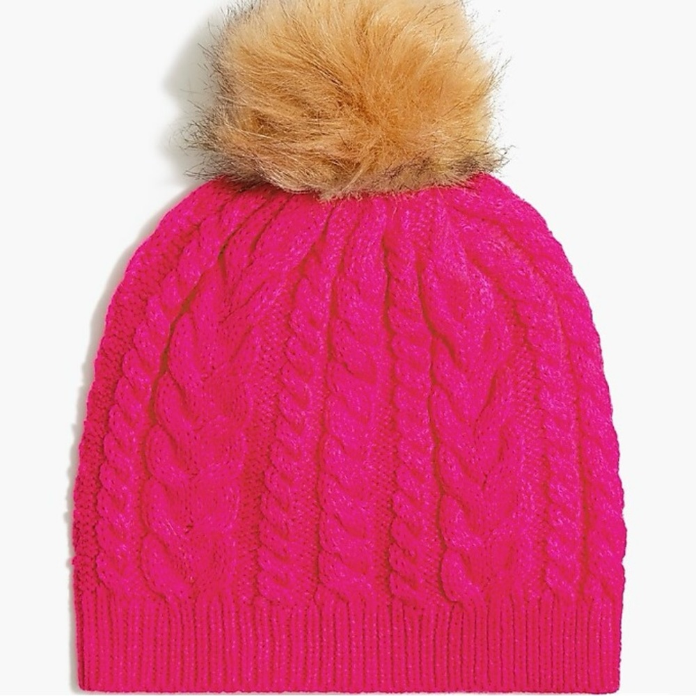 J. Crew Factory Cable Pom Pom Beanie Hat in neon fuchsia